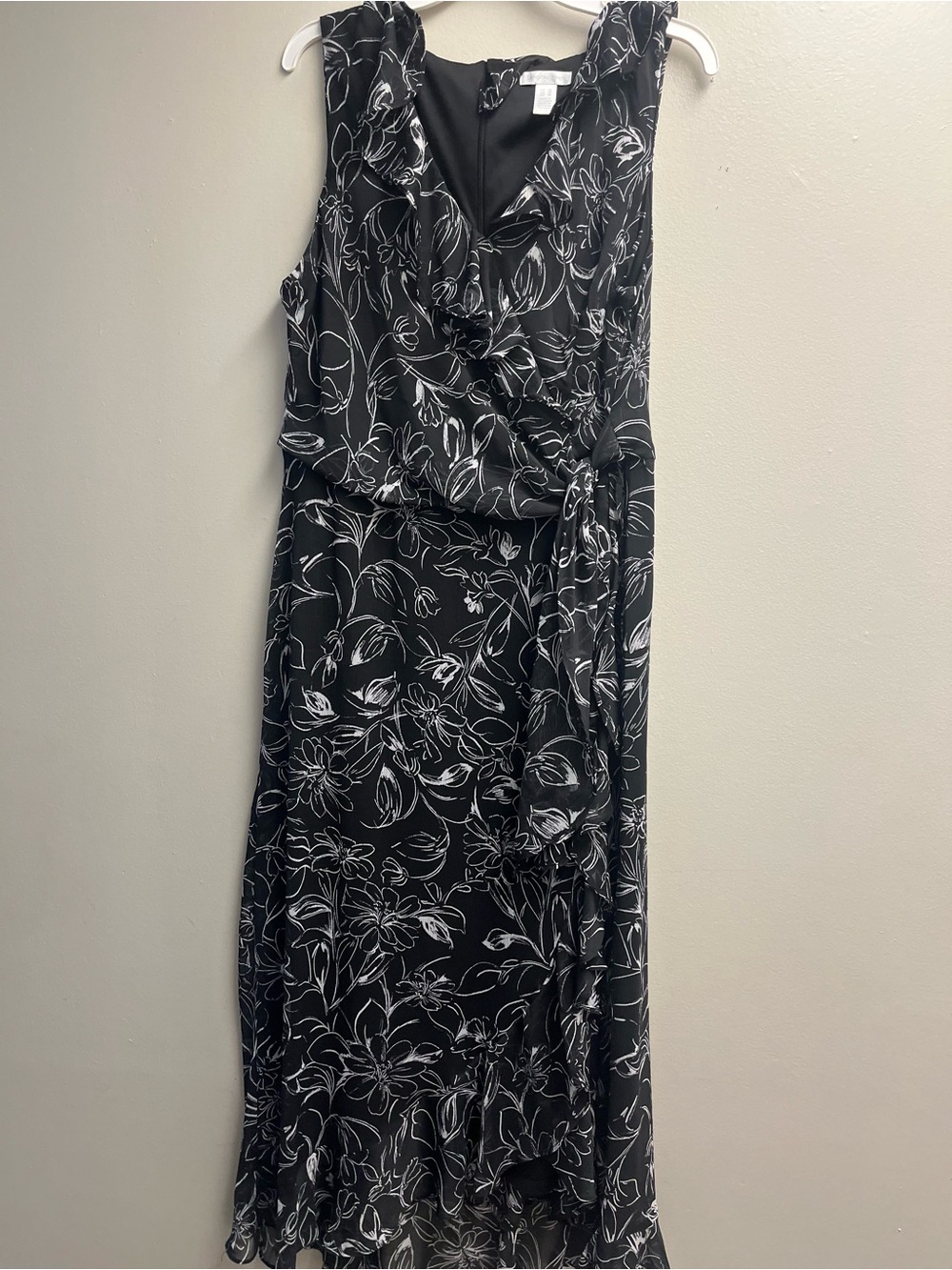 London Times Black Floral Wrap Dress with White Print